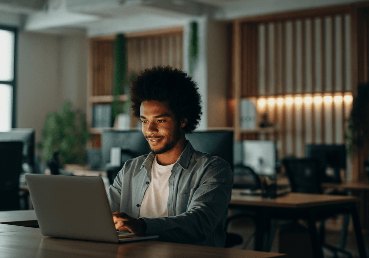 A talent recruiter with a soft smile working on her laptop in the office. The angle is on her face so we can't see what's is on the screen. She is wearing a blazer